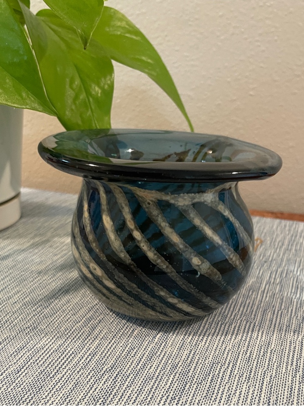 Vintage Mdina-Style Art Glass Vase | Blue & Sand Chevron Swirl | Malta-Inspired